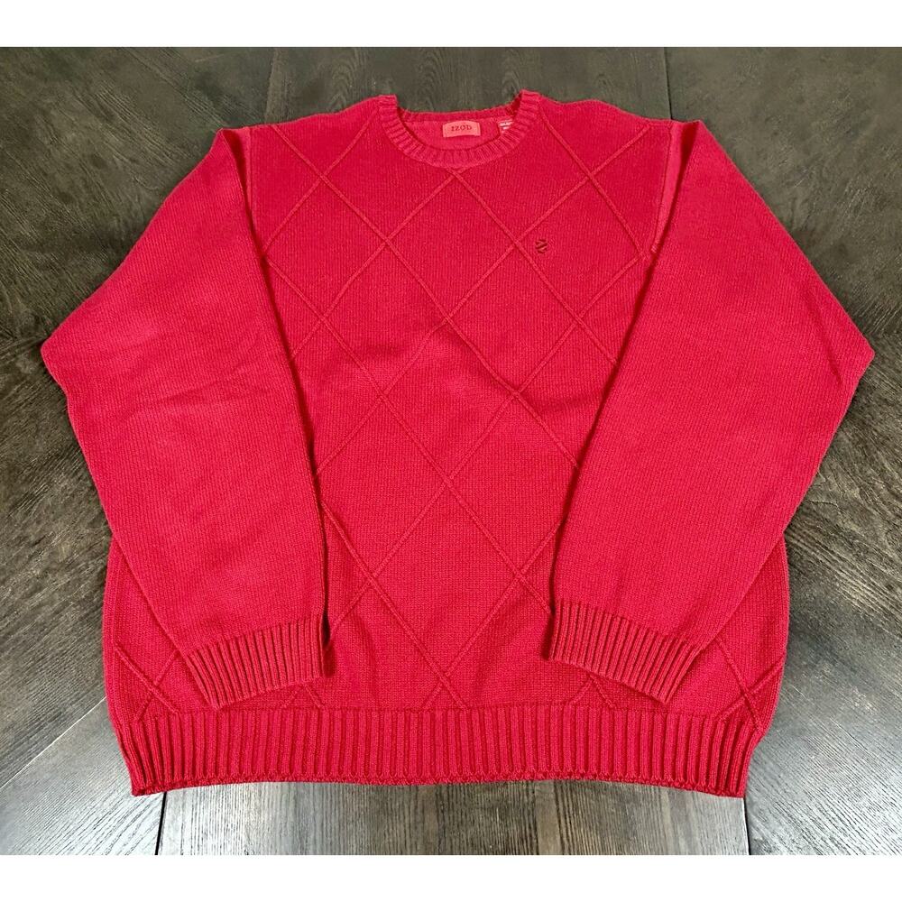 Vintage IZOD Cotton Sweater Men's Large Solid Red Diamond Pattern Christmas